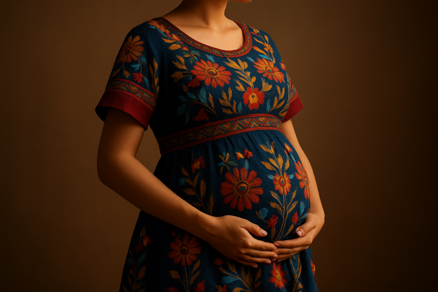 give me a Mexican cultural modern pregnant woman, no face just the body